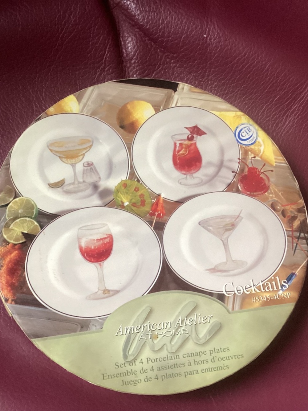 NIB 4 American Atelier Cocktail Theme Porcelain Appetizer Plates Set IN THE BOX